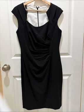 Calvin Klein Black Draped Cap-Sleeve Midi Sheath Dress